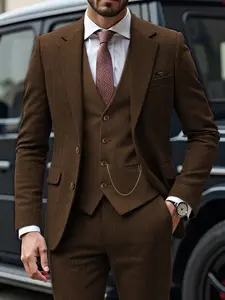 Men's Vintage Herringbone Three-Piece Suit, Slim Fit, Perfect for Weddings, Business Meetings, Dinner Parties, Retro Theme Events
