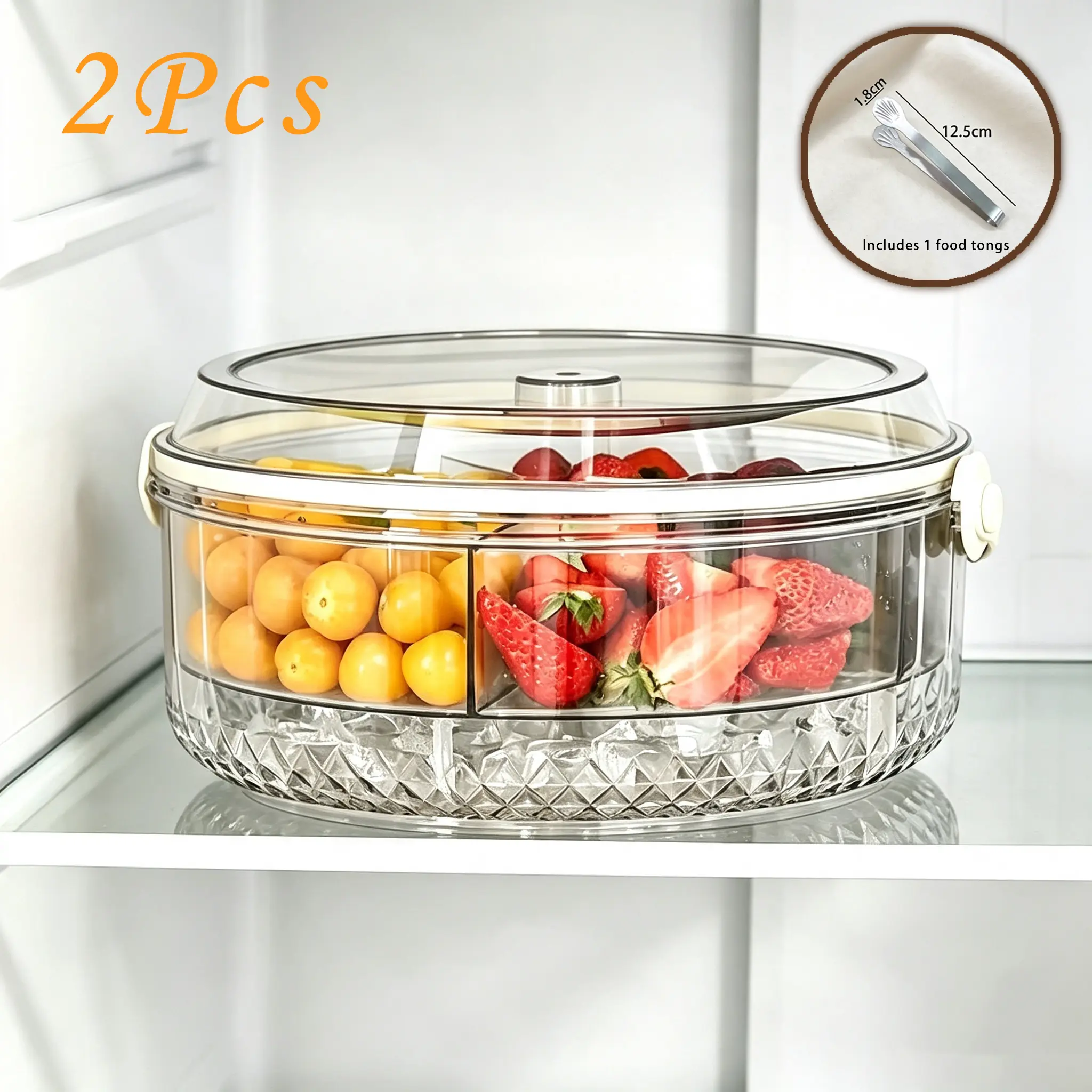 Portable 2-Layer Divided Fruit Tray with Lid & Handle, Free Bonus Stainless Steel Food Tongs, Clear Snack Serving Platter Storage Container, Stackable Refrigerator Organizer, Novelty Party Favor Gift for Picnic BBQ Holiday Gathering,Fluffy Gift Basket