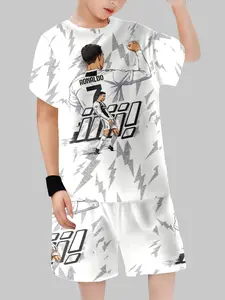 Cristiano Ronaldo Goat Legend Football Theme Soccer Jerseys Set, Printed Short Sleeve T-Shirt & Shorts, 7 Number Jersey Back Design, Casual Sportswear