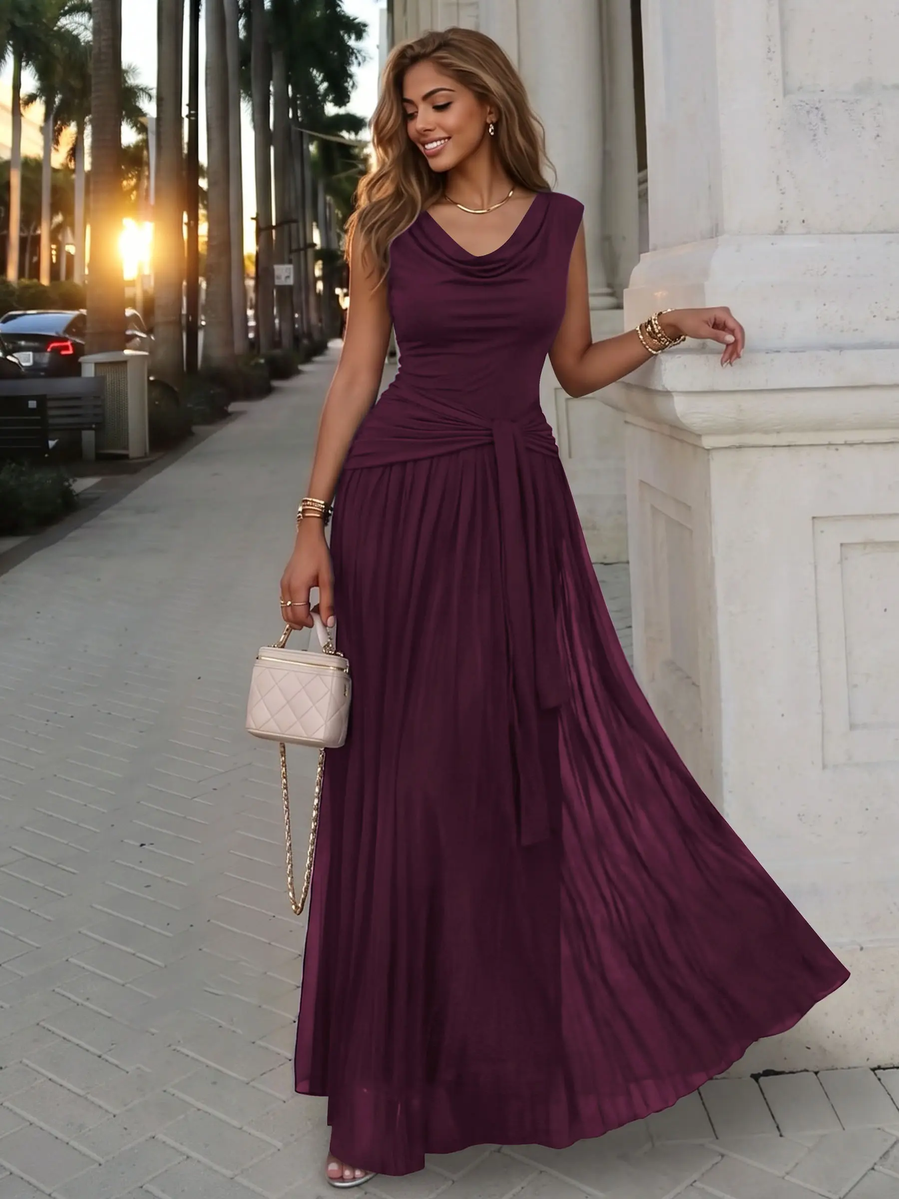 AISIZE A5603 Women's Cowl Neck Ruched Waist Tie Mesh Maxi Formal Dress - Elegant, Glamorous Womens Dresses for Formal Wedding Guest Evening Prom