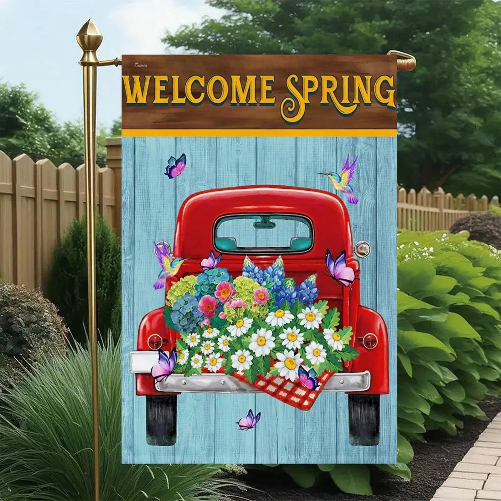 Welcome Spring Red Vintage Truck Daisy Hydrangea Hummingbird Butterfly Garden Flag Double-Sided 12x18in, Spring Floral Farmhouse Front Yard Sign