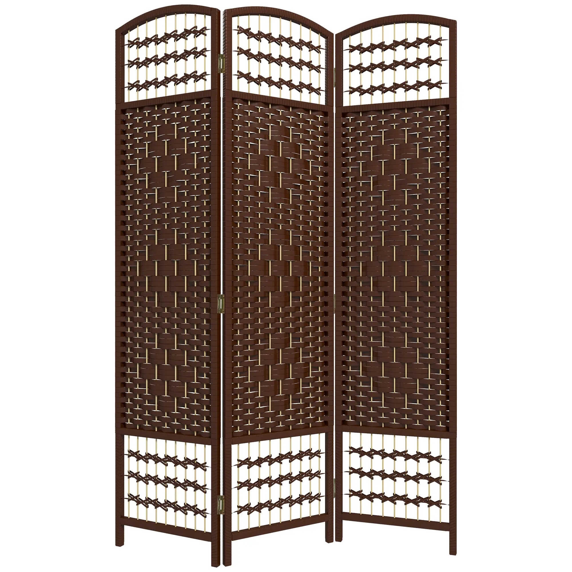 3-Panel Folding Vintage Room Divider, Portable Freestanding Privacy Screen with Brown Wood Grain Frame & Wave Fiber Panels, for Home Office & Bedroom
