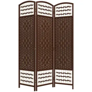 3-Panel Folding Vintage Room Divider, Portable Freestanding Privacy Screen with Brown Wood Grain Frame & Wave Fiber Panels, for Home Office & Bedroom