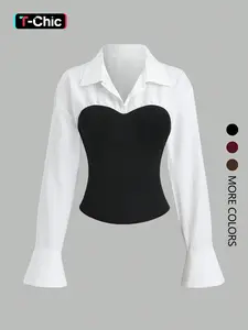 This women's white long-sleeved blouse with puff sleeves and patchwork design is elegant and versatile, suitable for everyday wear and various occasions Shirts Casual Chic Fitted