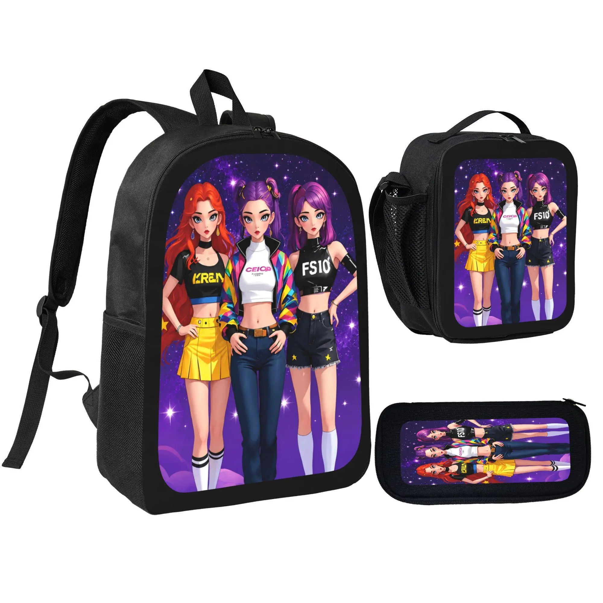 3Pcs Backpack Set K-pop Style Anime Girls Starry Sky Print With Lunch Bag Pencil Pouch School Bag For Teen Girls Students