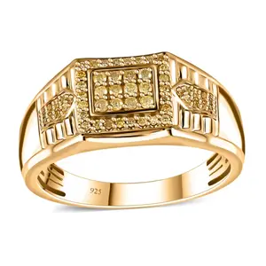 Yellow Diamond Cluster Gent's Ring 18K Yellow Gold over Sterling Silver 0.50ctw