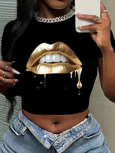 Women's Lip Print Round Neck Crop Tee, Fashion Casual Fit Crew Neck T-shirt for Daily Holiday Vacation Outdoor Wear, Womenswear for All Seasons