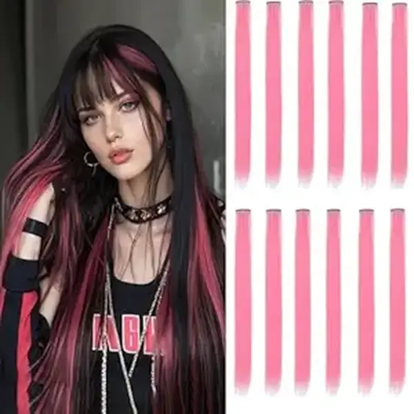 12 Pcs Pink hair extensions 22 Inch Straight colored hair colorful clip in extensions Highlight Party for Women Gift