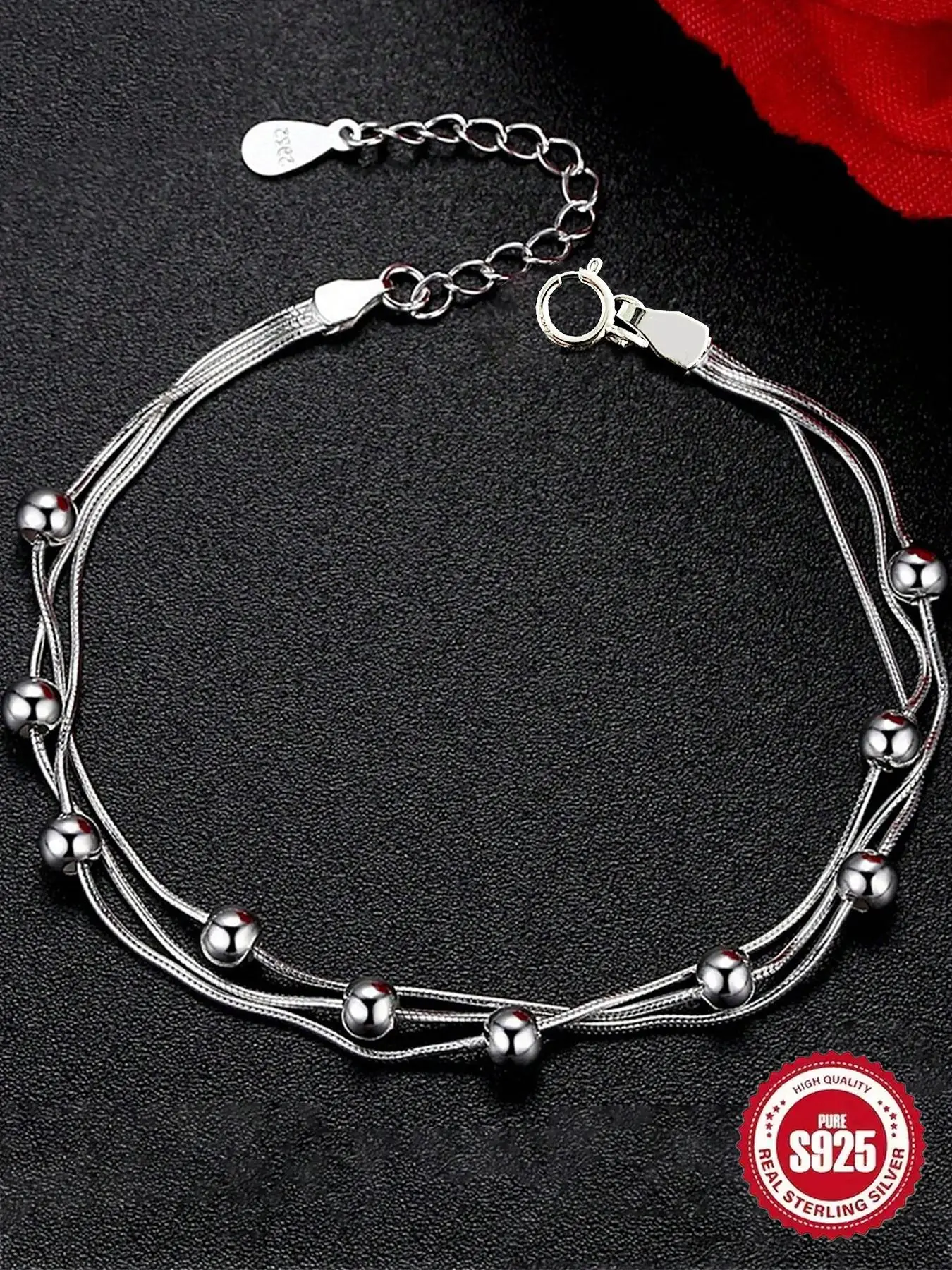 925 Sterling Silver Minimalist Bead Decor Adjustable Bracelet, Stylish Multi-layered Bracelet, New Fashion Hand Jewelry for Women