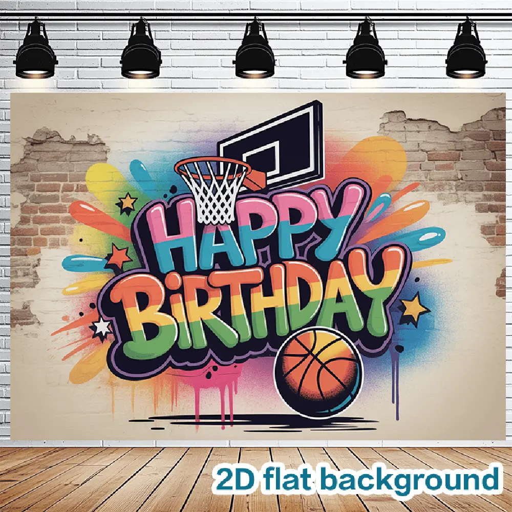 2D Flat, 1pc Basketball Birthday Party Backdrop with Graffiti-Style Happy Birthday Banner, Basketball Hoop & Confetti Cutouts Design - Durable Indoor/Outdoor Decoration for Theme Party Decorations,, Polyester Fabric, Photo Booth Decor, Party Decoration Su