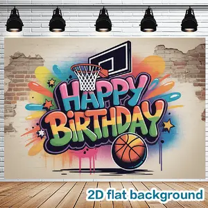 2D Flat, 1pc Basketball Birthday Party Backdrop with Graffiti-Style Happy Birthday Banner, Basketball Hoop & Confetti Cutouts Design - Durable Indoor/Outdoor Decoration for Theme Party Decorations,, Polyester Fabric, Photo Booth Decor,summerwins