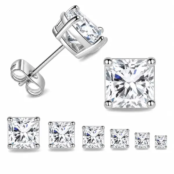 BlingKingStar 6 Pairs Square 925 Silver Plated 4-Prong Hypoallergenic Lab-Created Diamond Stud Earrings with Butterfly Backs Hypoallergenic 14K Gold Fashion Jewelry, Mother’s Day, Christmas, Gift for Men Boyfriend, Women Set, Father's Day Accessories