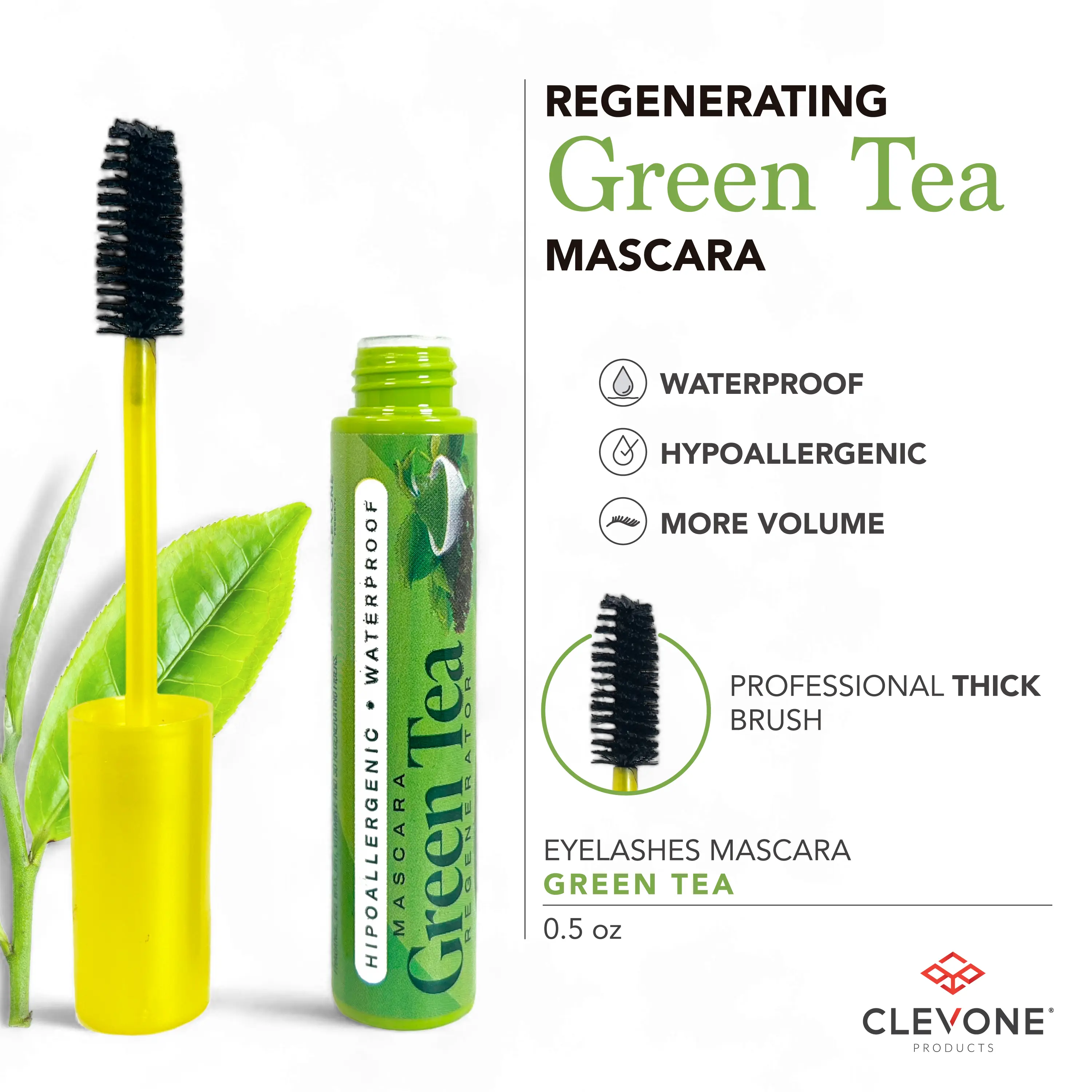 Clevone+Green Tea Mascara+Eyelashes+Waterproof+Regenerator+3D Effect+Hypoallergenic+High Volume