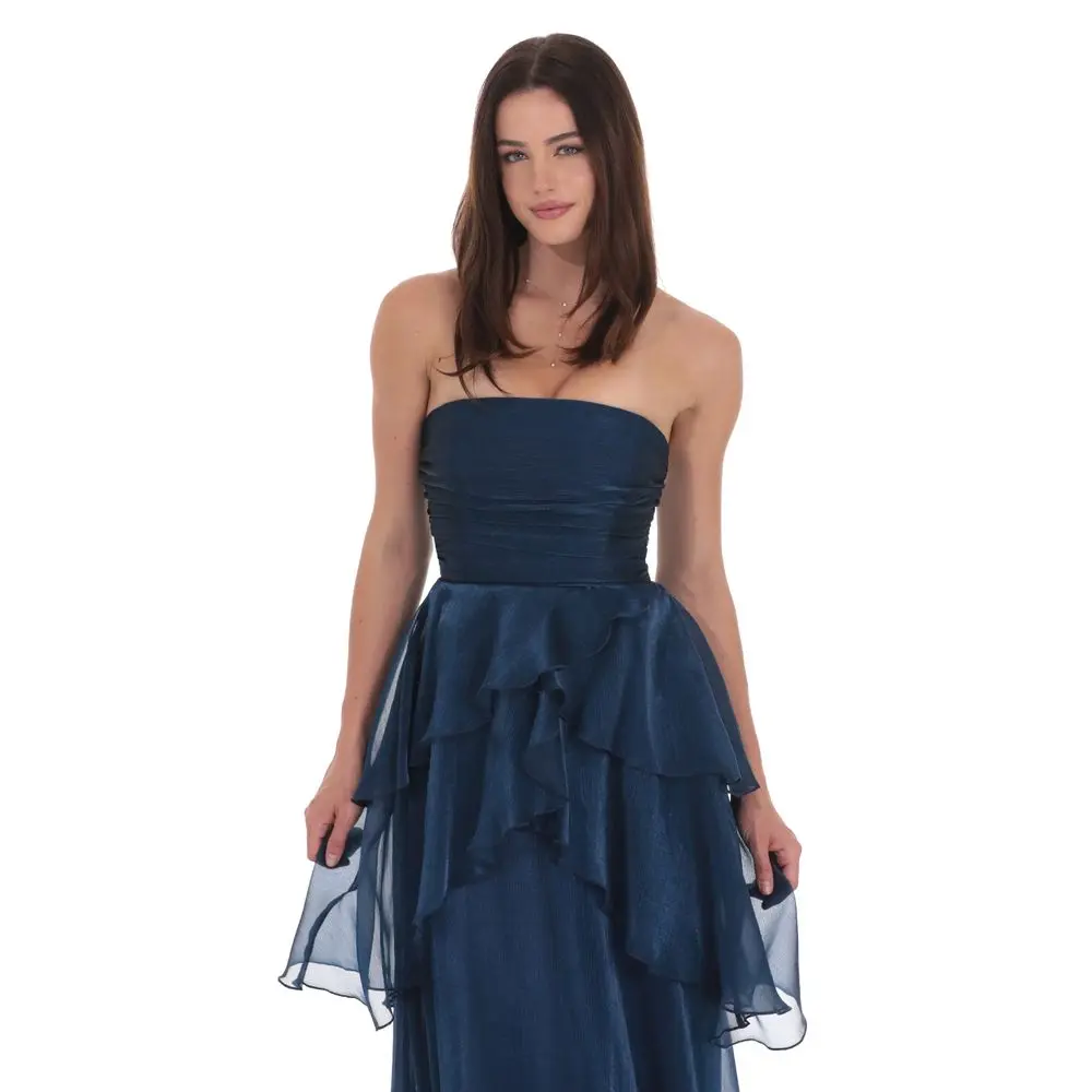 corset ruffle strapless maxi dress in navy Jana Strapless Ruffle Open Back Maxi Dress