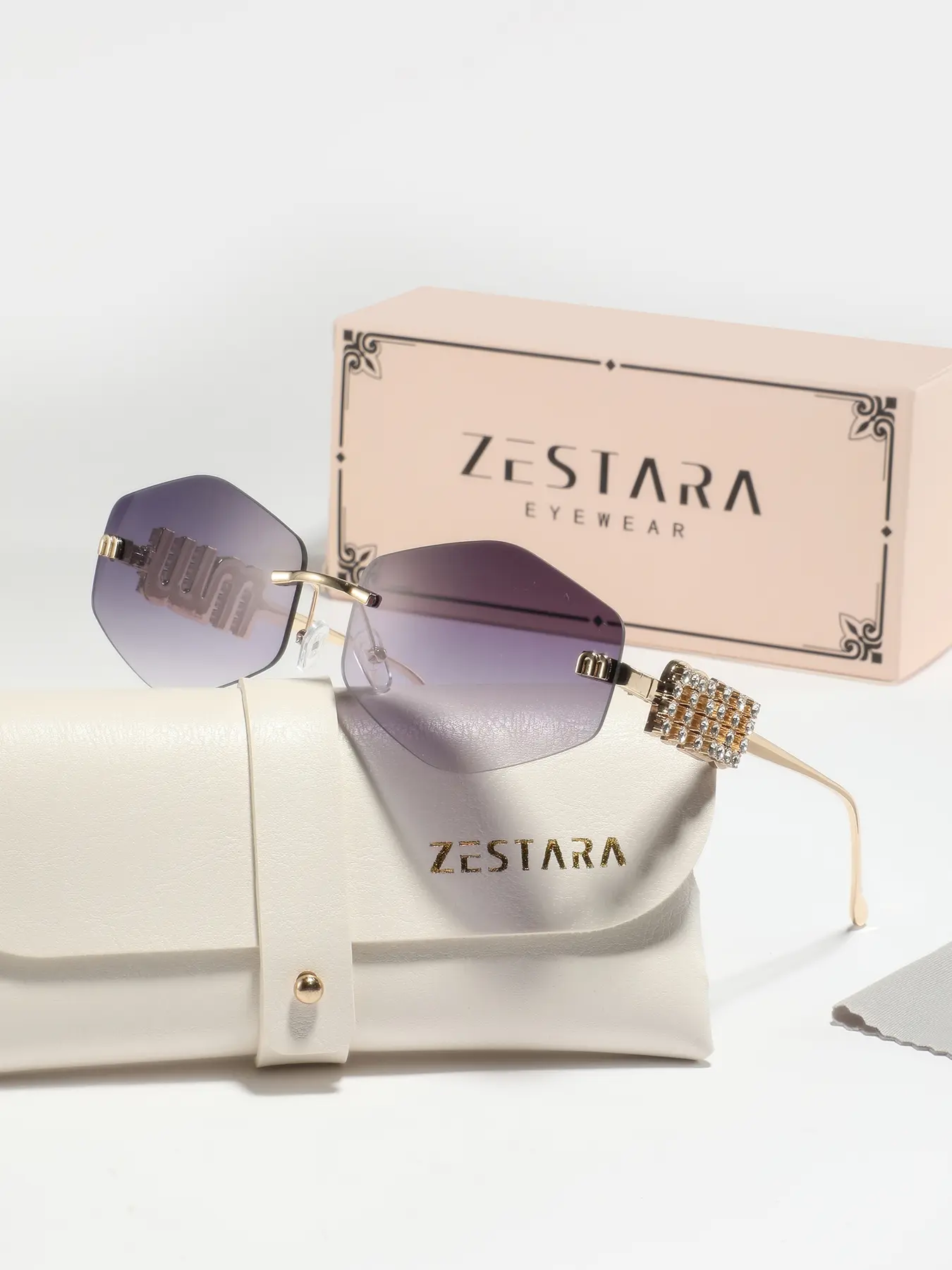 Women's Metallic Polygonal Frameless Glasses with Lettering and Rhinestones, Glimmer Signature Stylish Shades, High-Quality Fashion Eyewear for Parties & Festivals, Trendy Street Style Accessories