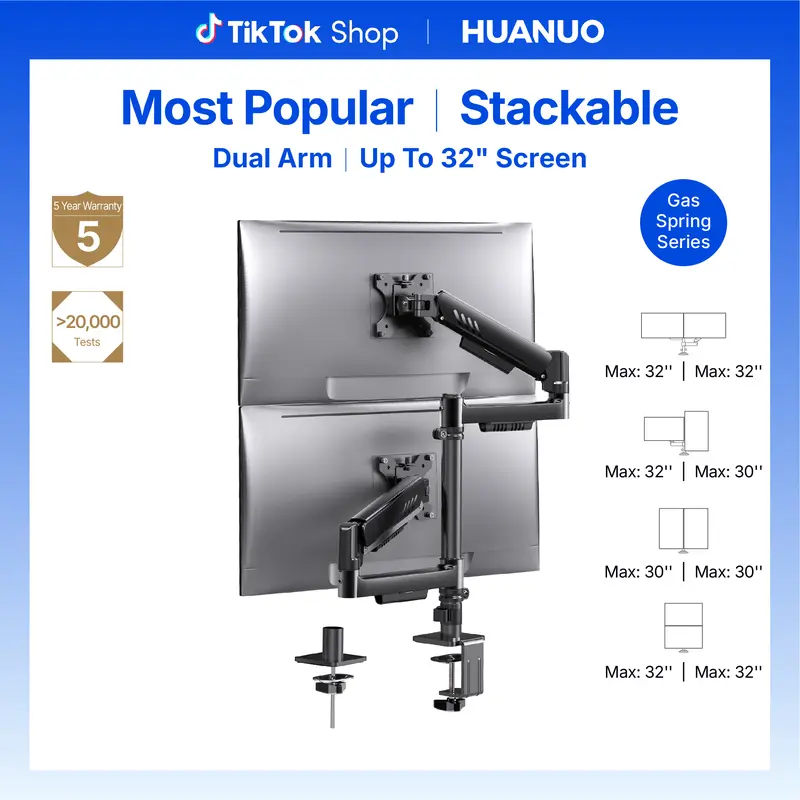 HUANUO Supports 13-32″ screens, up to 19.8 lbs per arm. Features built-in C-clamp, enhanced stability, and upgraded cable management. VESA 75x75mm/100x100mm compatible. Black finish.
