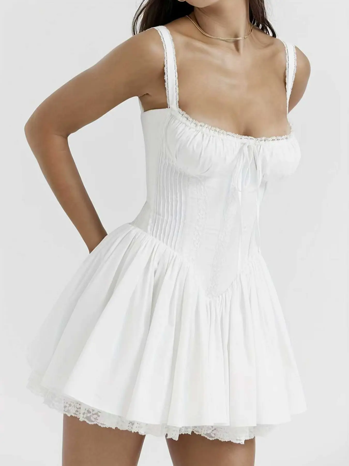 Women's Fitted Sleeveless Corset Dress with Lace Ruffled Hem, Short Cute Vintage Party Dress with Spaghetti Straps for All Seasons Lady Womenswear