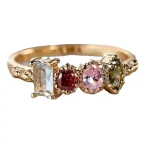 Micro Inlaid Gold Rainbow Ring - Simple Fresh Design Exquisite Versatile Niche Ring Geometric Shape Electroplated Alloy 7g Fashionable Office Style
