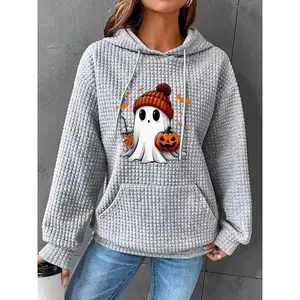 Women's Halloween Cartoon Ghost Print Drop Shoulder Textured Hoodie, Fashion Casual Drawstring Pocket Hooded Sweatshirt for Daily Holiday Outdoor Wear, Women Clothing for Fall & Winter