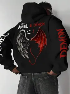 Men's Winter Hooded Sweatshirt, Casual Devil Angel Wings Rose Print, Fashion Street Style, Fitted, Geometric Pattern, Fall & Winter, Graphic Print Hoodie