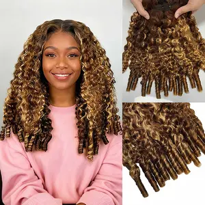 OQ HAIR Highlight Brown Burmese Curly Hair Bundles 100% Virgin Human Hair Extensions 3 Bundle Deals Sew in Hair Weaving