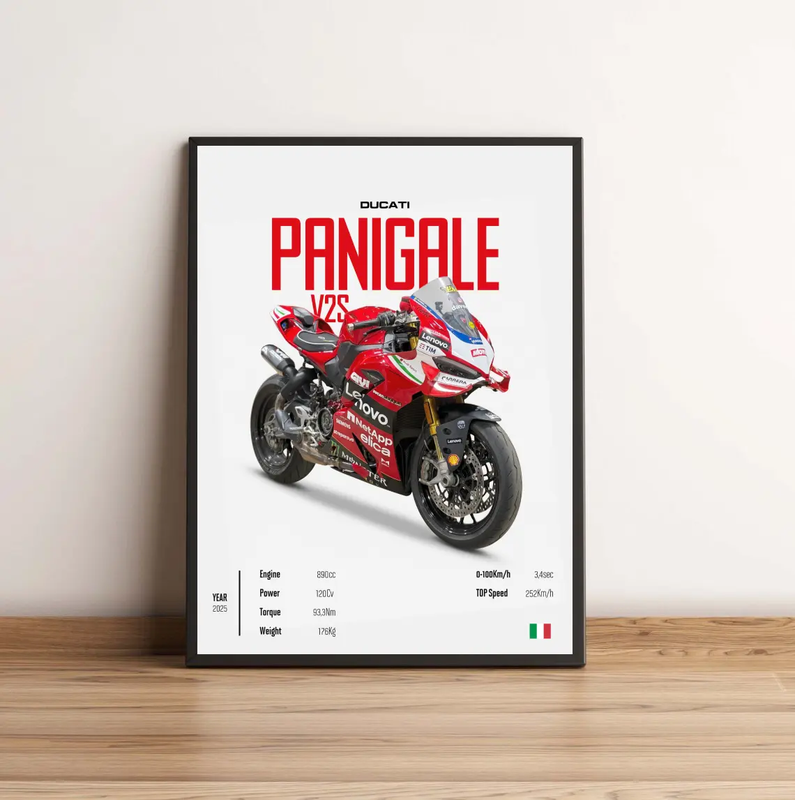 Ducati Panigale V2S Technical Wall Art | Superbike Specification Poster | Modern Motorcycle Garage Decor | Automotive Enthusiast Print