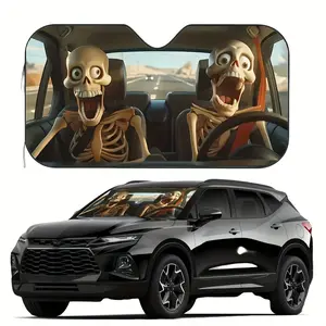 1pc Funny Alien Skeleton Windshield Sunshade, Universal Fit for Cars, SUVs, RVs, Trucks - Polyester Fiber, UV Protection, Heat Reflective, Foldable Front Window Sun Blocker, Keeps Vehicle Cool, Roll-Up Closure, Car Sunshade
