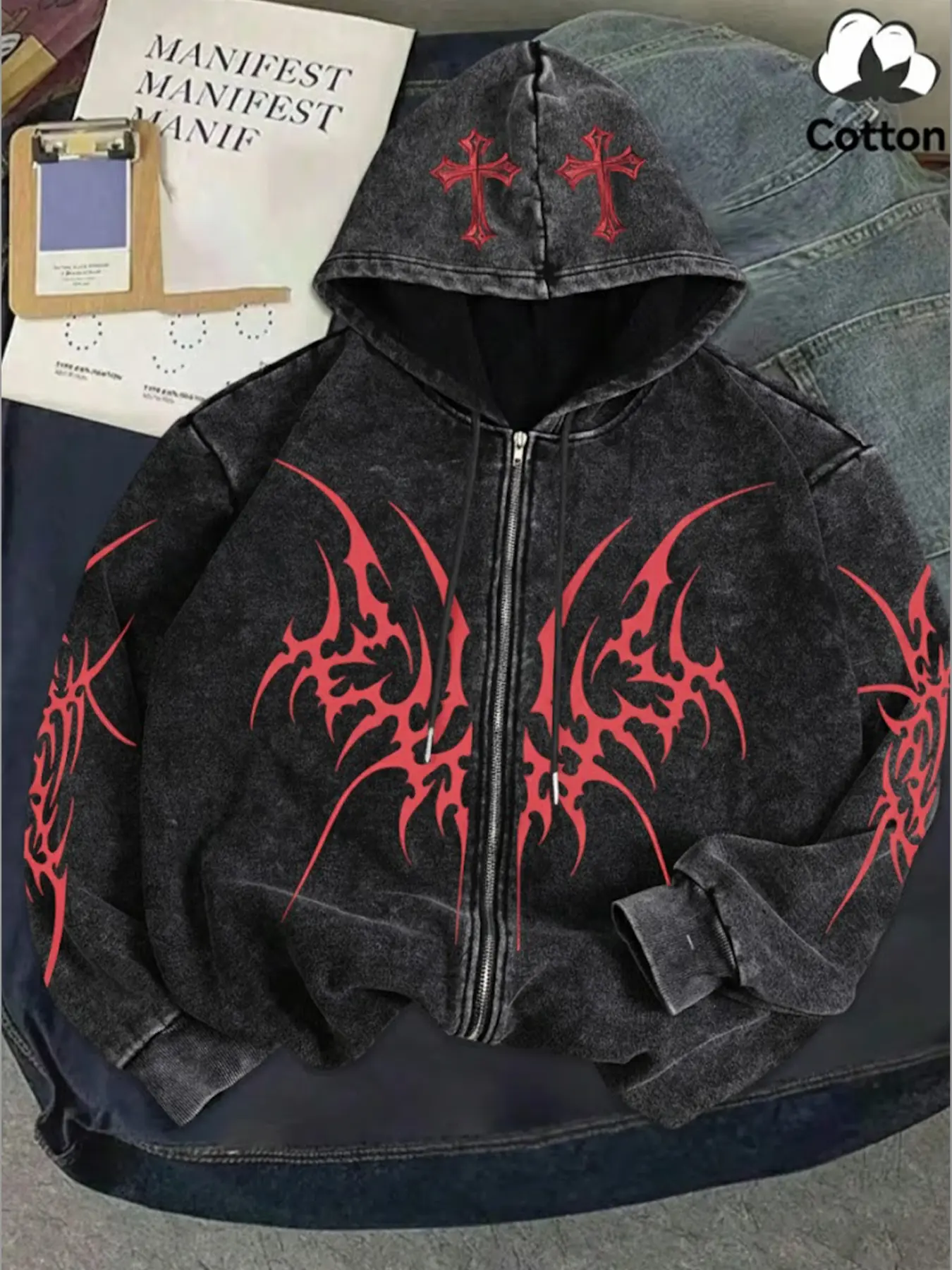 Y2K Rock Wash Full Zip Hoodie, Gothic Cross and Tribal Thorn