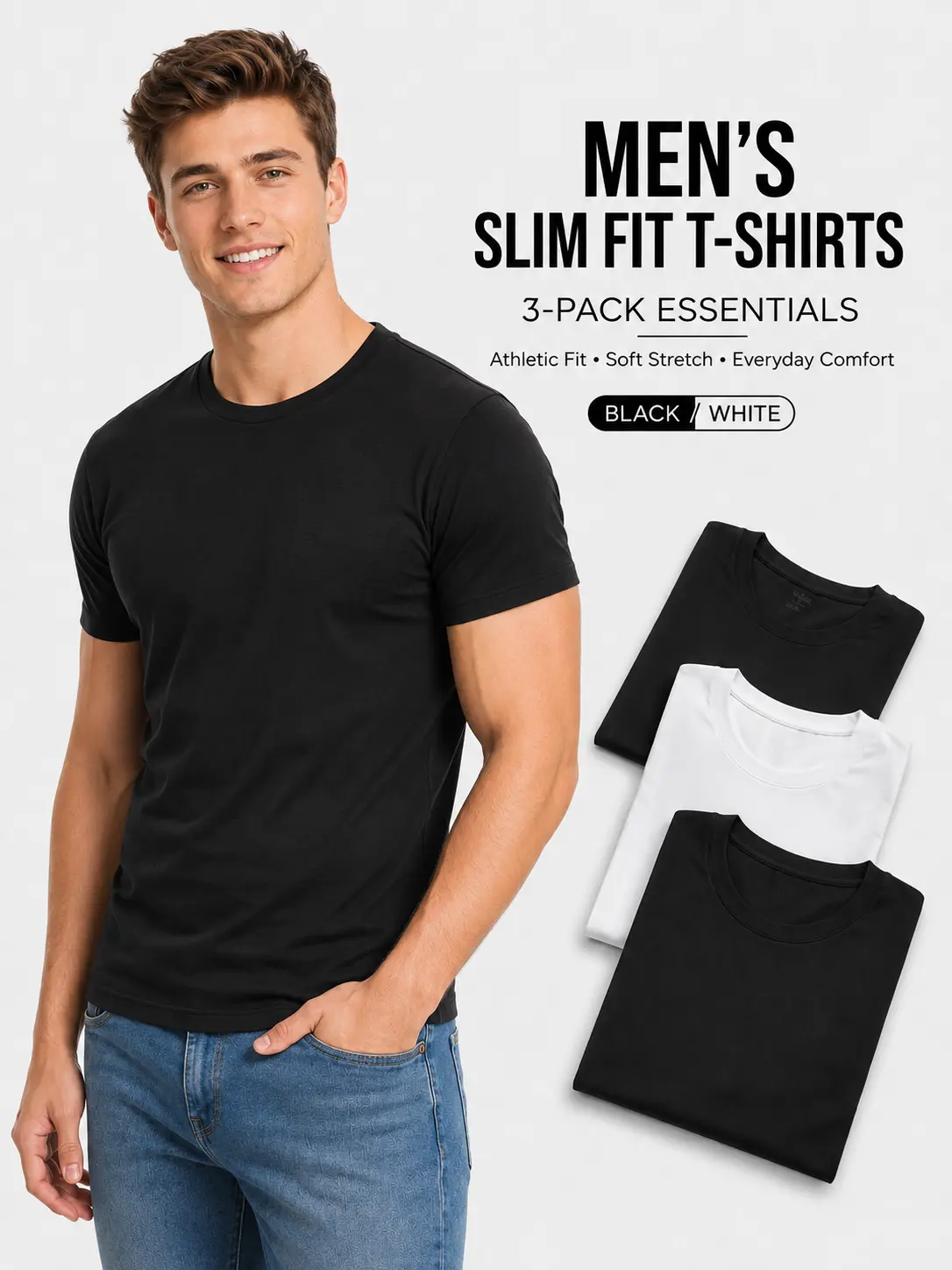 Men's 3 Pack Slim Fit Crew Neck Tees, Stretch Body Shaping Short Sleeve Basic Tees, Everyday Undershirts Casual Streetwear, Workwear or Men Gifts