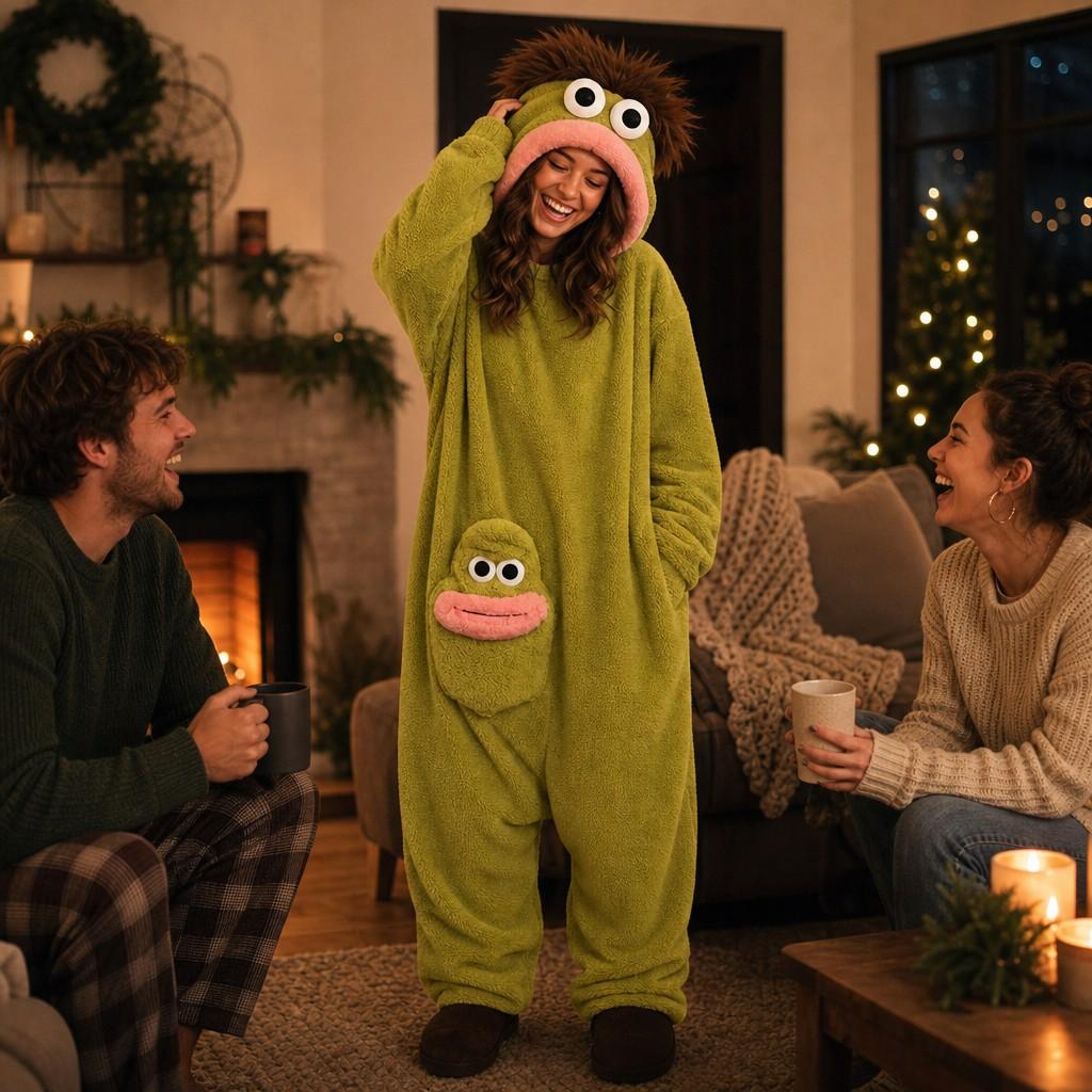 big mouth monster onesie cursed comfort fluffy loungewear for women men oversized one size, high-density upgraded plush costume, full accessory kit includes comb & monster foot covers, unique whimsical gift for halloween cosplay home leisure