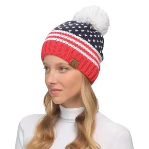 C.C American Beanie with Iceland Wool Pom for Women – Patriotic Winter Hat with Soft, Warm Wool Pom and Stylish Flag Design casual knit
