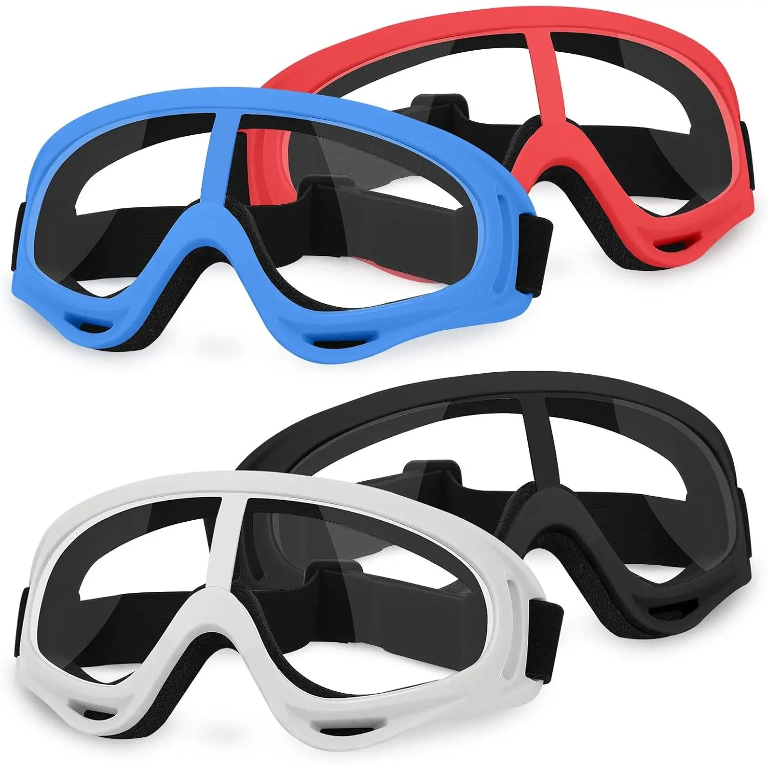 Goggles for Kids 4 Pack, Solid Color Curved Frame Safety Glasses with Adjustable Elastic Bands for Nerf Gun & Water Balloon Fights, Accessories, Lightweight, Polycarbonate, Outdoors, Comfortable, Shooting Game, Windproof, Adjustable Band, 4 Pieces, Red Bl