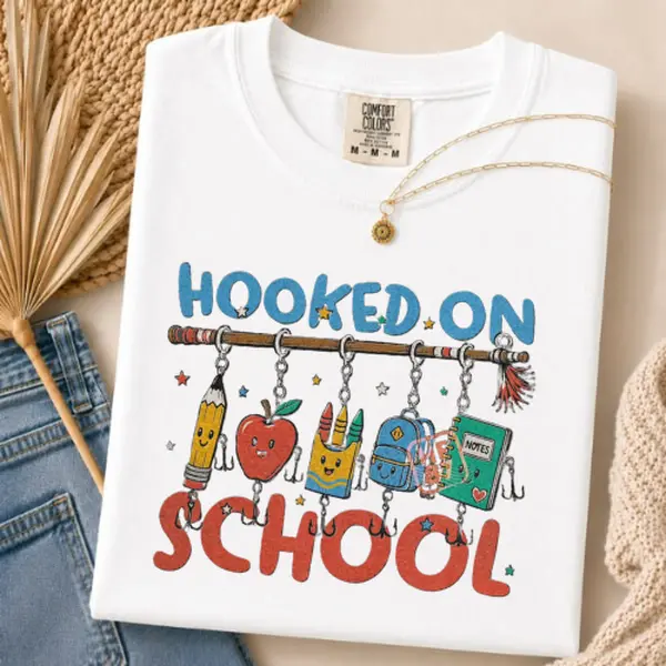 Comfort Colors Hooked On School Shirt, Cute Back To School Teacher T-Shirt, Pencil Apple Backpack Graphic Tee, First Day Of School Gift