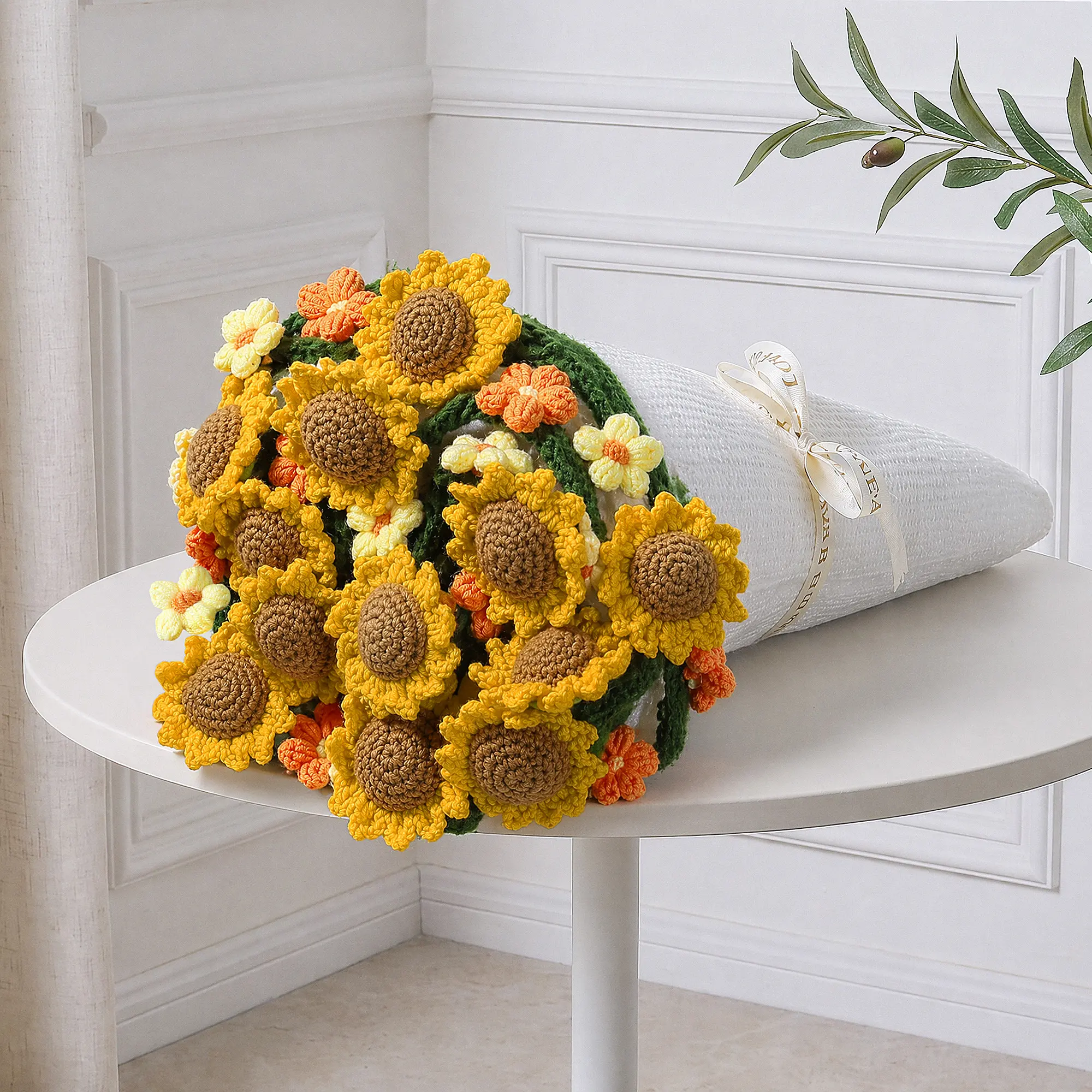 Ivydale Knitted Flower Throw Floral Bouquet Blanket, 43inch Handmade Crochet Blanket with Sunflowers, Cute Romantic Gift for Her Girlfriend Mom Mother’s Day Valentine Wedding Anniversary Birthday, Yellow