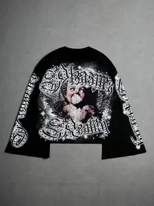 Unisex Pleasure & Reality Gothic Short Sleeve T-Shirt with Vintage Angel Print, Crystal Gothic Font, Double Layer Sleeves for Casual Wear and Music Festivals