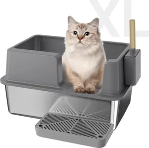 Extra Large Stainless Steel Litter Box XL Non-Sticky Metal Litter Box Tray Anti-Leakage Easy Cleaning with Litter Scoop and High Wall Sides Enclosure for Big Cats