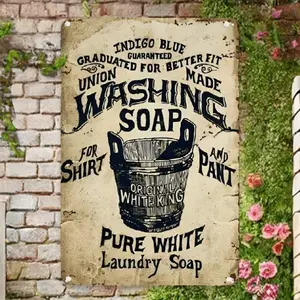 Vintage 2D Flat Metal Washing Soap Sign for Rustic Wall Decor 12x8 Inches Weatherproof Durable Tinplate No Electricity Required Ideal for Home Kitchen or Bar