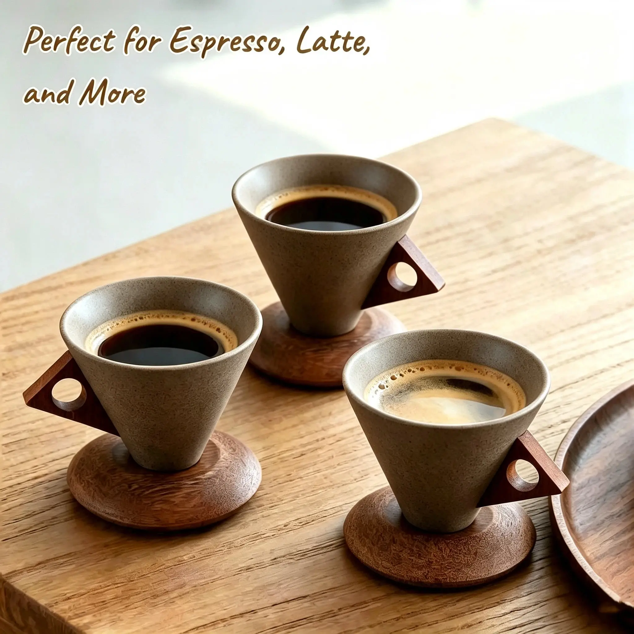 200ml Japandi Wabi-Sabi Ceramic Funnel Coffee Cup Set, Stylish Matte Aesthetic Drinkware, Detachable Wooden Base Latte Mug with Insulation Anti-Scald Handle (0-500 ml Compatible, Ideal for Coffee Bar Decor)