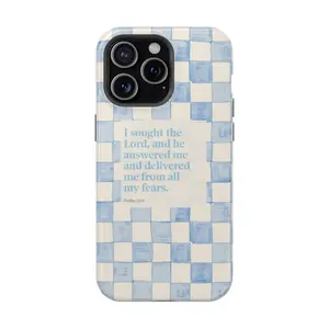 Christian Phone Case - Psalm 34:4 Scripture & Aesthetic Checkerboard for iPhone |   Cover for IPhone 17 16 15 14 13 12 SE Max Pro Samsung galaxy, Gift for her