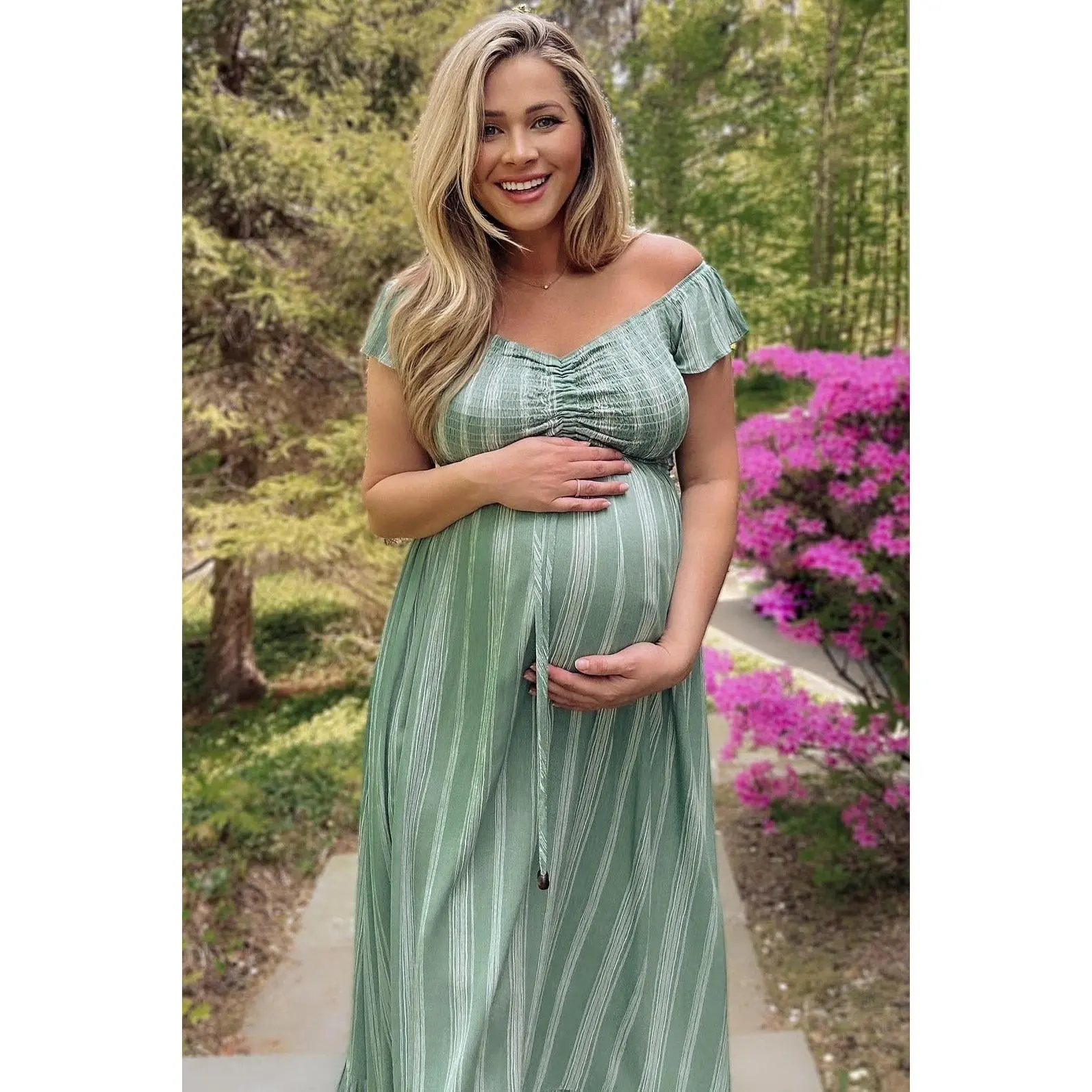 Green Striped Off Shoulder Front Tie Maternity Maxi Dress