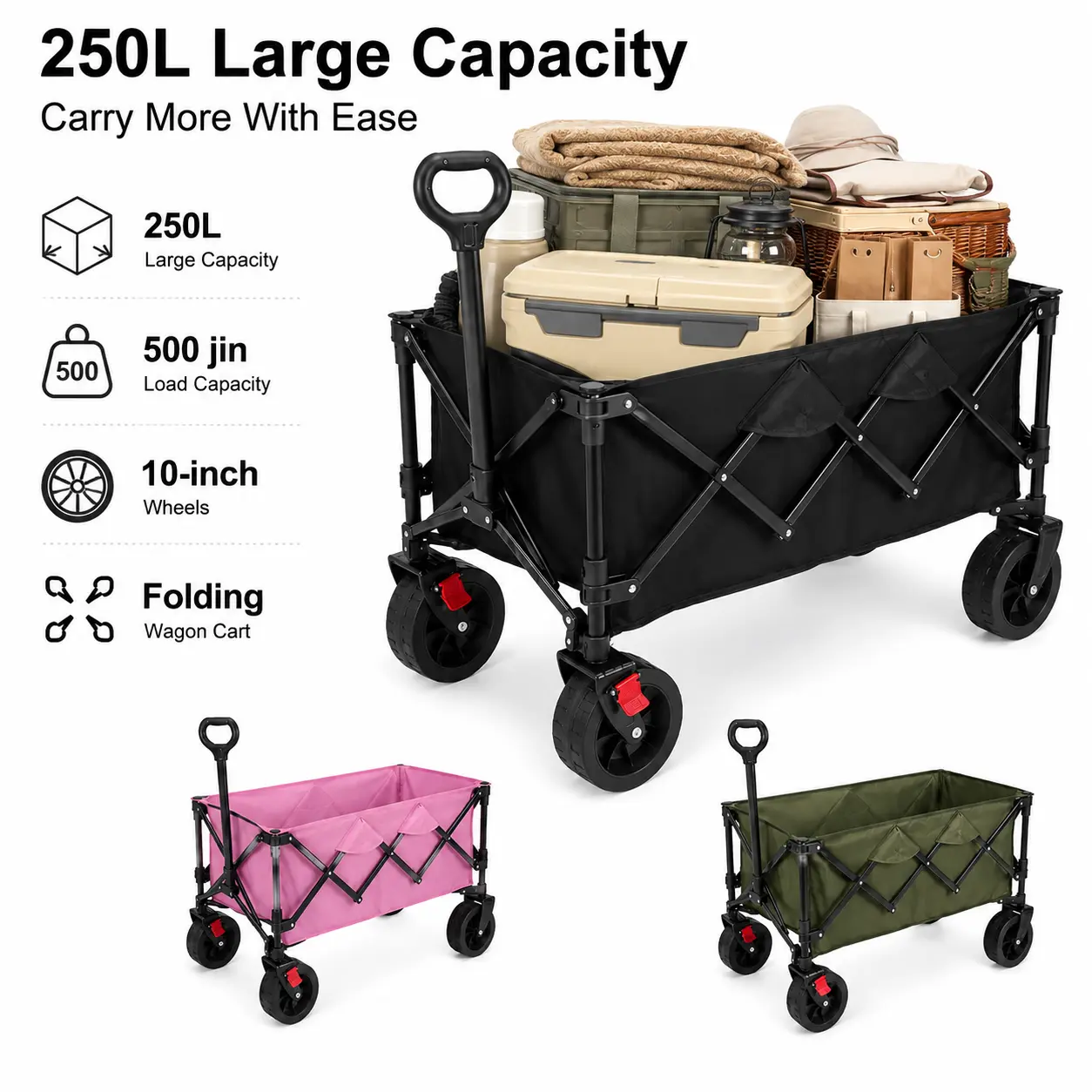 Collapsible Folding Wagon Cart, 350LBS Utility Large Capacity Cart Foldable Wagon with All Terrain Wheels, Grocery Wagons Carts for Garden Shopping Sports Camping