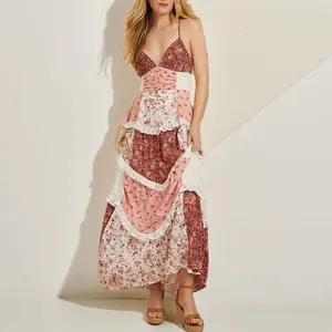 Women's Casual Summer Lace Patchwork Dress Puffy Short Halter Neck Smocked Tiered Ruffle Dresses Womenswear Comfort Dinner Outfits Bohemian