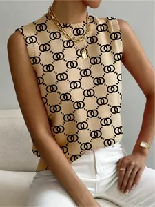 Women's Geometric Patchwork Print Stand Collar Short Fitted Sweater, Casual Sleeveless Knit Top for Spring Fall Winter, Comfortable All-Season Wear