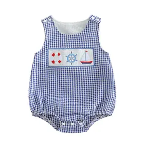 Baby Boy Bubble Romper Sailboat/Sea Animal Overalls Sleeveless Gingham Plaid Bodysuit Vacation Summer Outfit