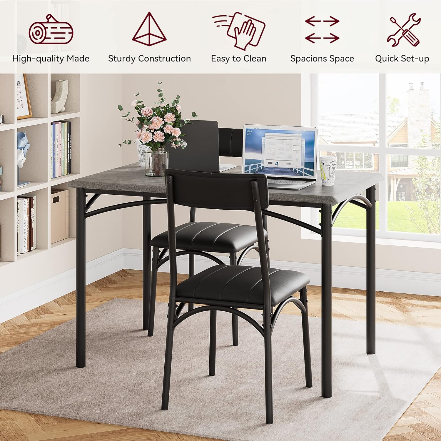 5-Piece Dining Table Set for 4, Modern Farmhouse Kitchen Table with 4 Upholstered Chairs, Space-Saving Dinette for Small Dining Room, Apartment, Breakfast Nook 5-Piece Dining Table Set for 4, Modern Farmhouse Kitchen Table with 4 Upholstered Chairs, Space-Saving Dinette for Small Dining Room, Apartment, Breakfast Nook