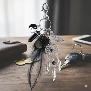 Handwoven Feather Fringe Keychain, Native American Style Dreamcatcher Pendant. Decorative Bag Charm and Keyring Accessory for Backpack, Purse, Keys. Bohemian Beaded Tassel Ornament, Handmade Keychain