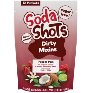Pepper Pack Dirty Soda Sugar Free 4 Variety Pack, Coconut Vanilla Raspberry Lime Strawberry Syrup Mixin, Mix into 12-16oz Sodas, at Home and on the Go.