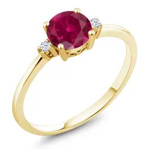 10K Yellow Gold Red Created Ruby and White Created Sapphire Solitaire Engagement Ring For Women | 1.03 Cttw | Round 6MM | Wedding Engagement Anniversary Promise Ring For Women