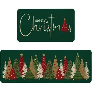 Merry Christmas Kitchen Rugs Set of 2, Xmas Holiday Christmas Tree Kitchen Mat Decor Home Decorations, Green Christmas Mats for Kitchen Floor