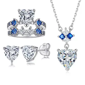 Artificial sapphire jewelry set, 925 sterling silver jewelry set, three-piece set, heart-shaped ring set, women's heart-shaped zircon earrings and necklace, suitable for parties and evening events, Valentine's Day gift, Mother's Day gift
